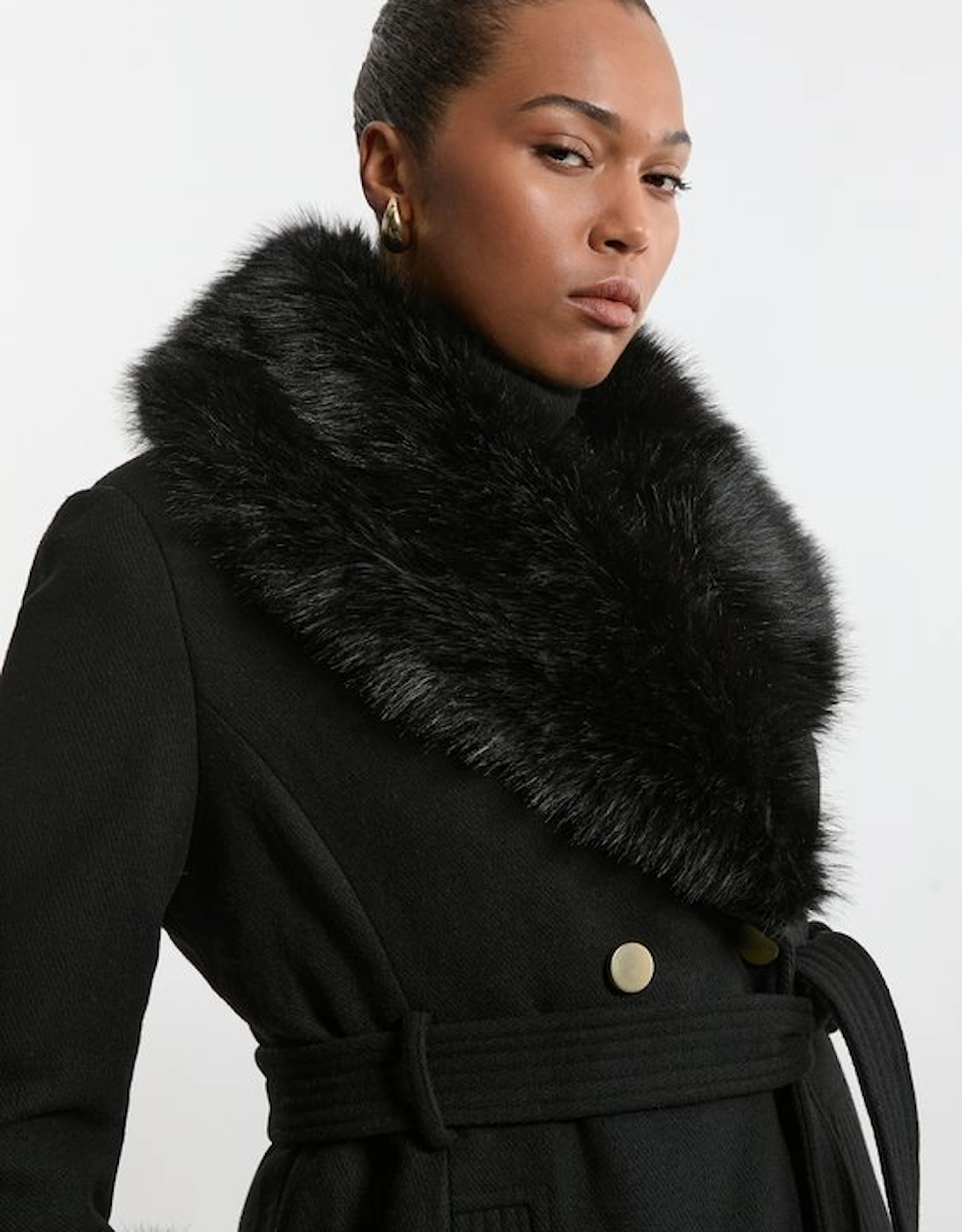 Plus Size Wool Blend Detachable Faux Fur Belted Midi Coat