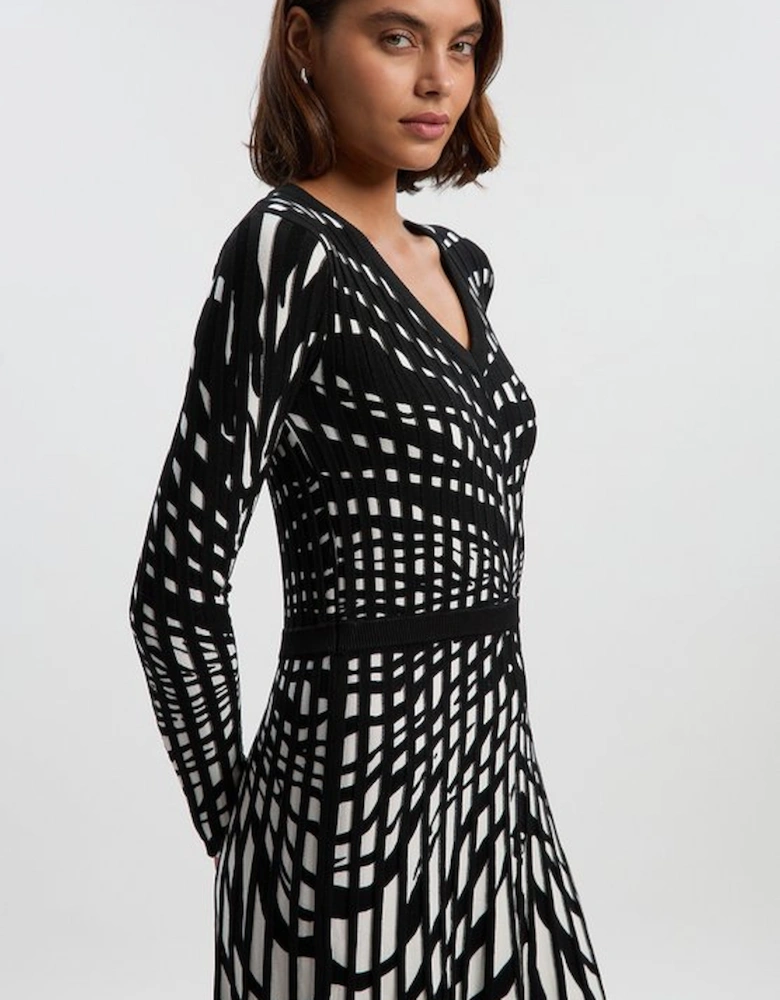 Zebra Jacquard Knit Full Skirted Midi Dress
