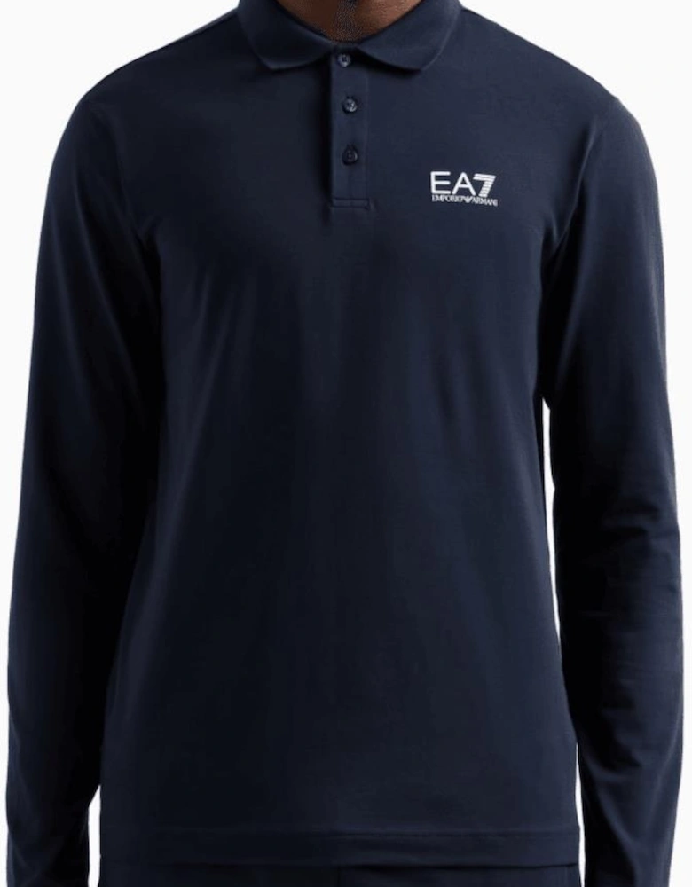 Long Sleeve Pique Cotton Navy Polo Shirt
