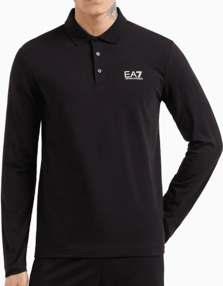 Long Sleeve Pique Cotton Black Polo Shirt