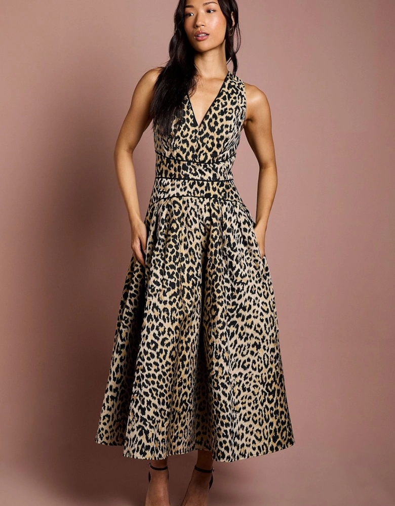V Neck Animal Jacquard Midi Dress