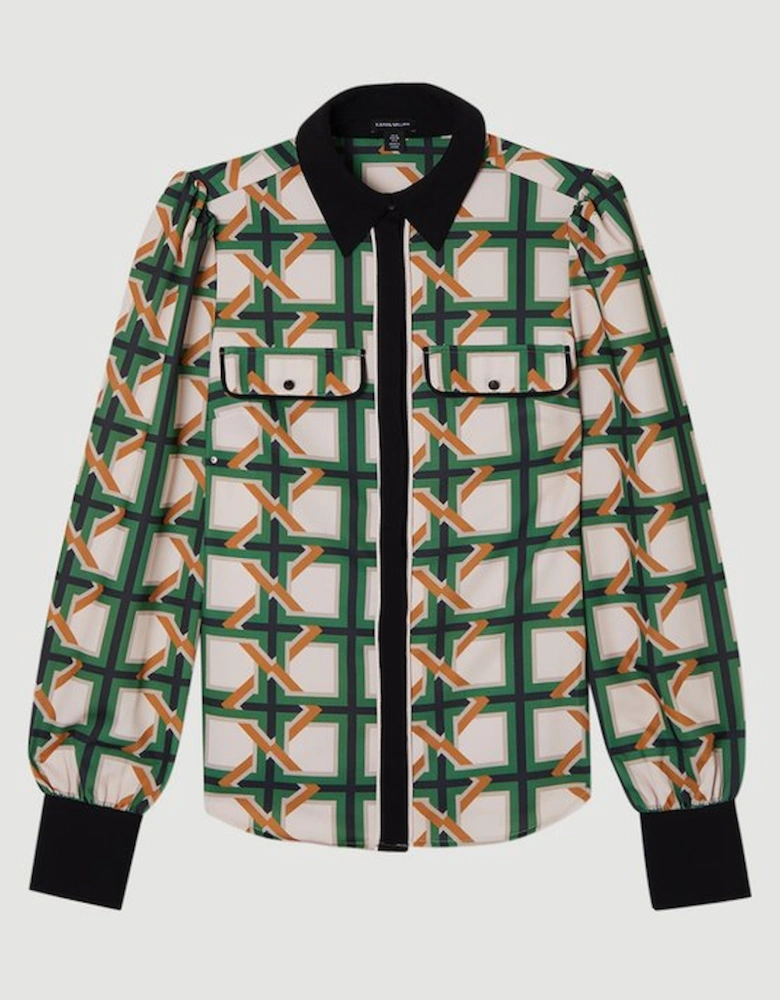Twill Tie Border Print Long Sleeve Woven  Shirt