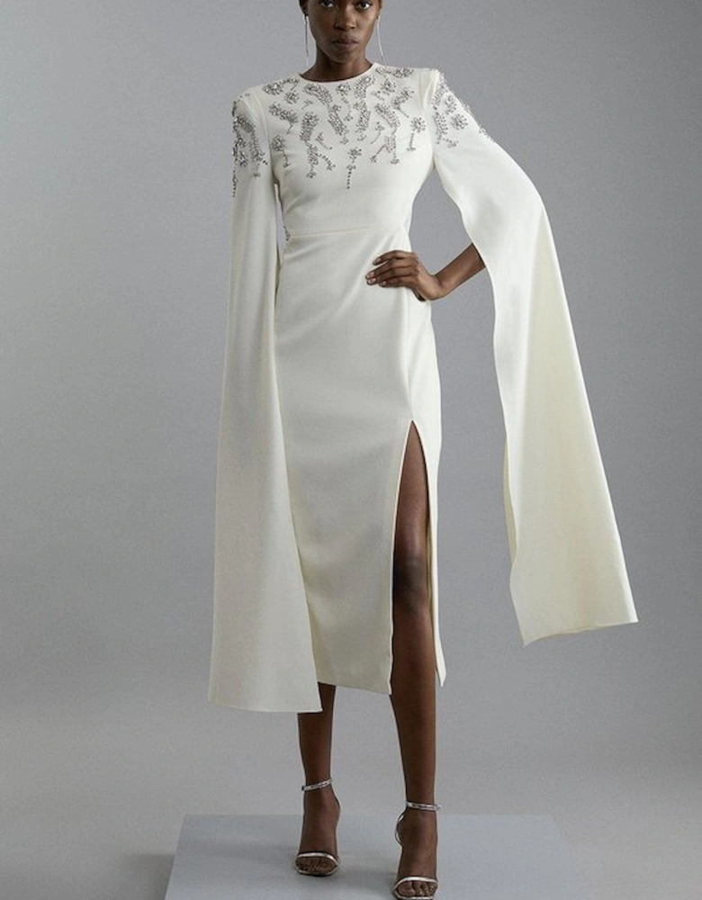 Compact Stretch Viscose Crystal Embellished Cape Maxi Dress