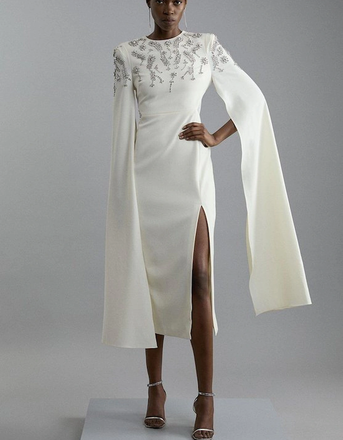 Compact Stretch Viscose Crystal Embellished Cape Maxi Dress, 5 of 4