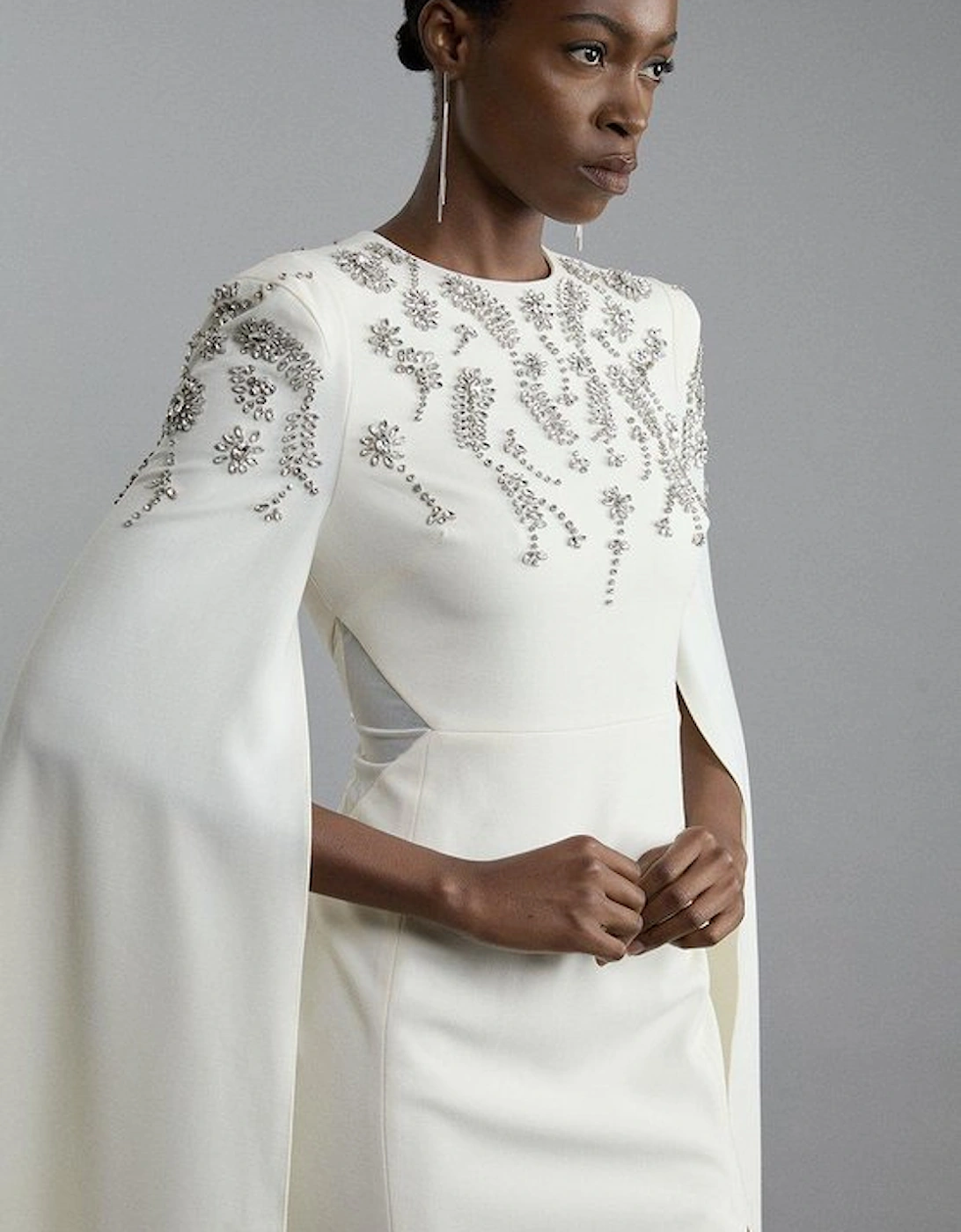 Compact Stretch Viscose Crystal Embellished Cape Maxi Dress