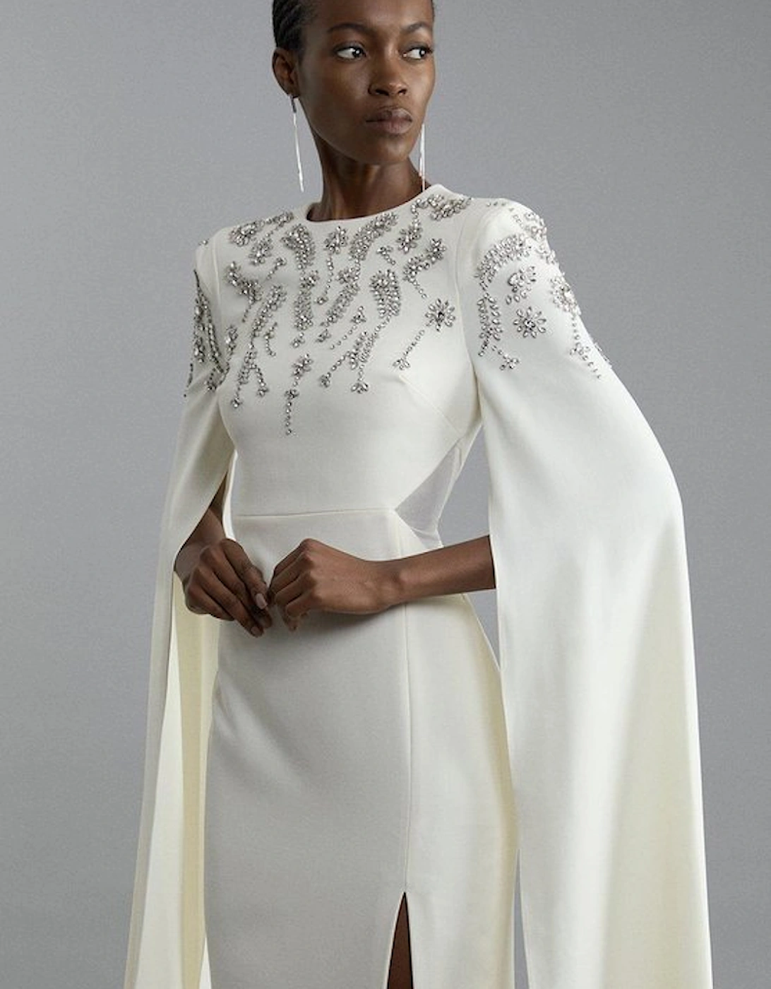 Compact Stretch Viscose Crystal Embellished Cape Maxi Dress