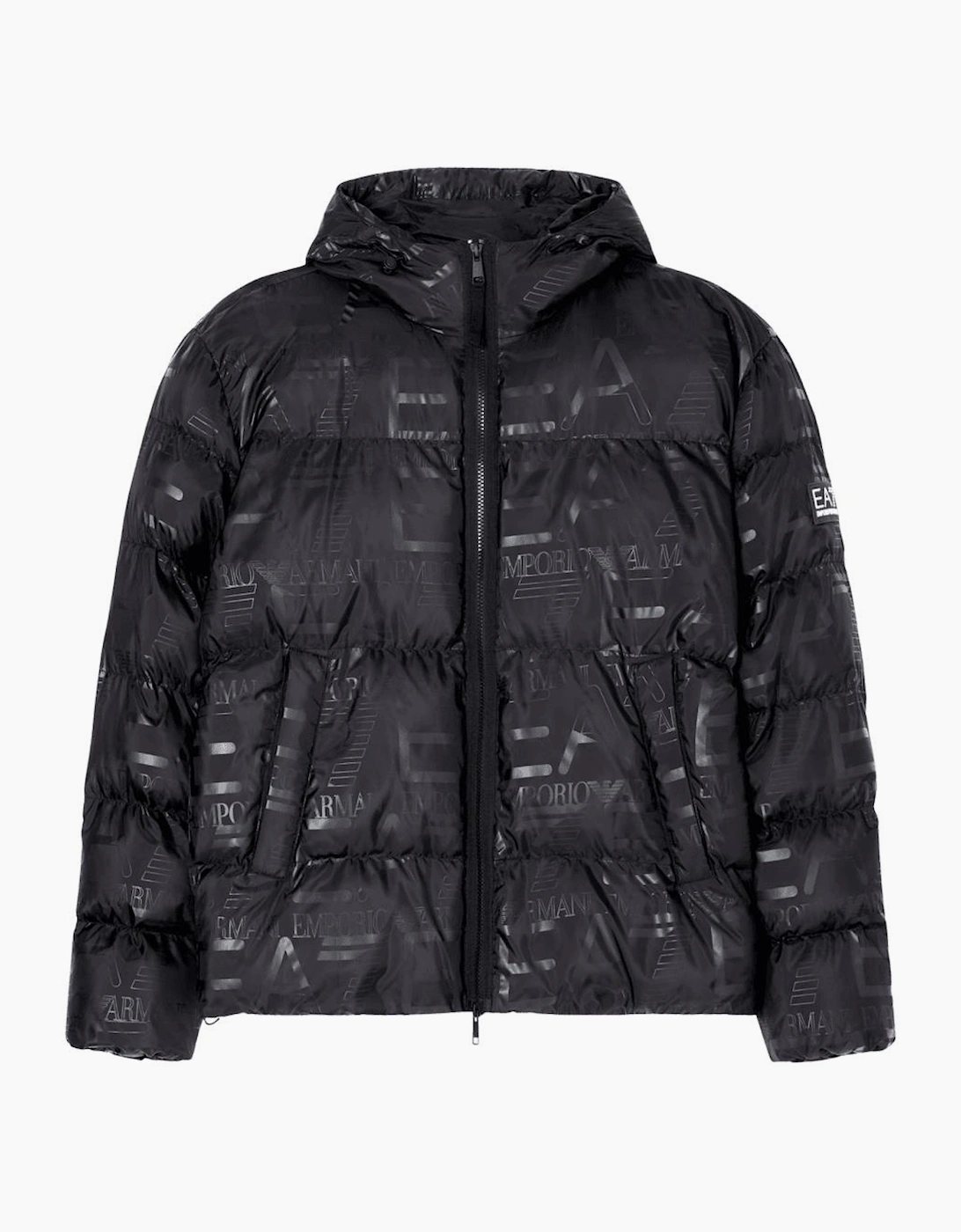 EA7 Men's All-Over Logo Black Puffer Jacket - Size: 40/Regular