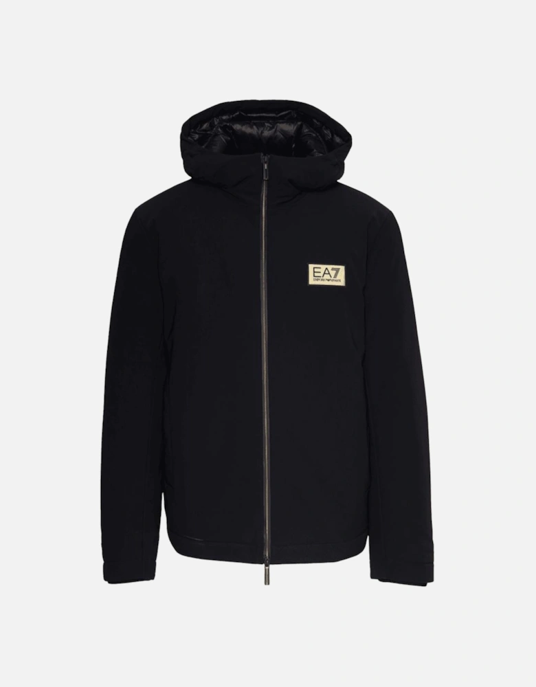 Gold Plaque Hooded Black Puffer Jacket