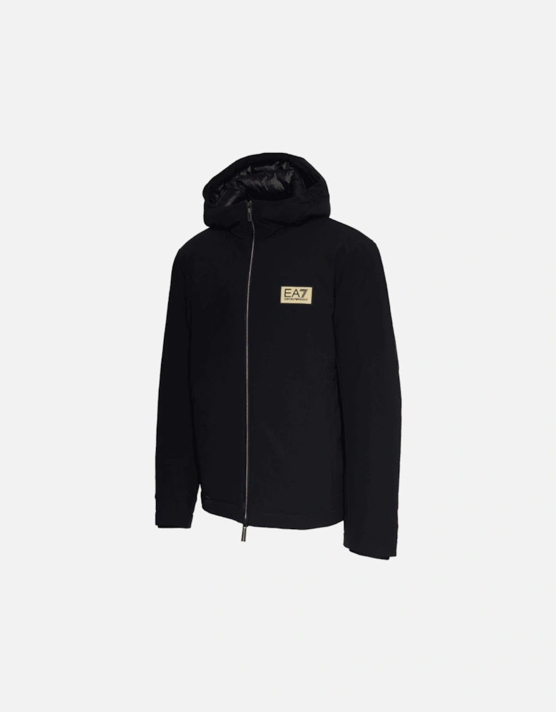 Gold Plaque Hooded Black Puffer Jacket