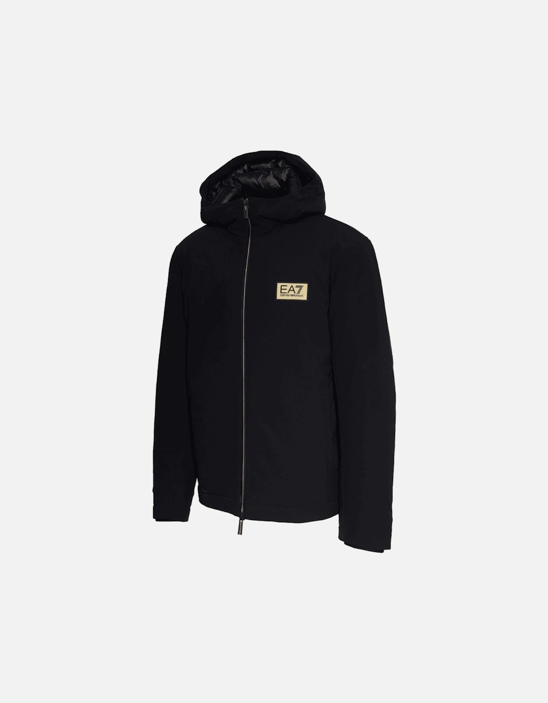 Gold Plaque Hooded Black Puffer Jacket