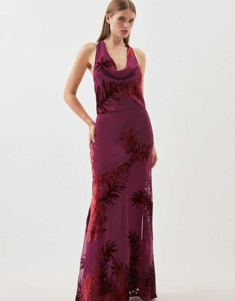 Feather Devore Halter Neck Woven Midi Dress