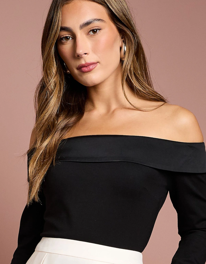 Long Sleeve Satin Trim Bardot Top