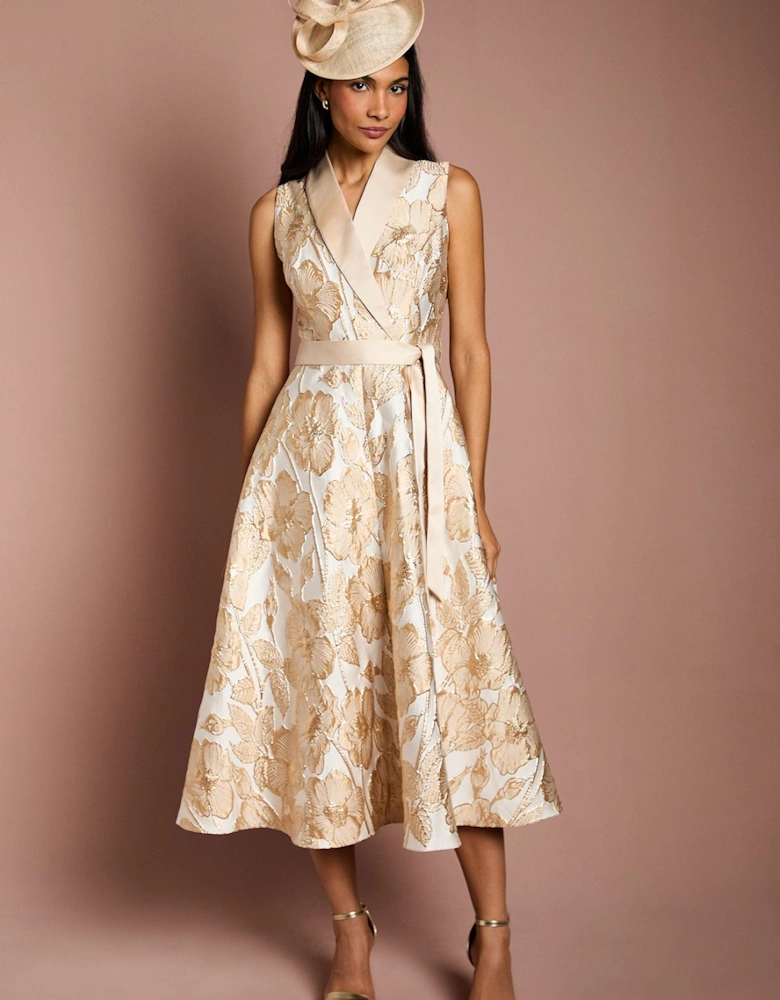 Sleeveless Tux Jacquard Fit And Flare Midi Dress