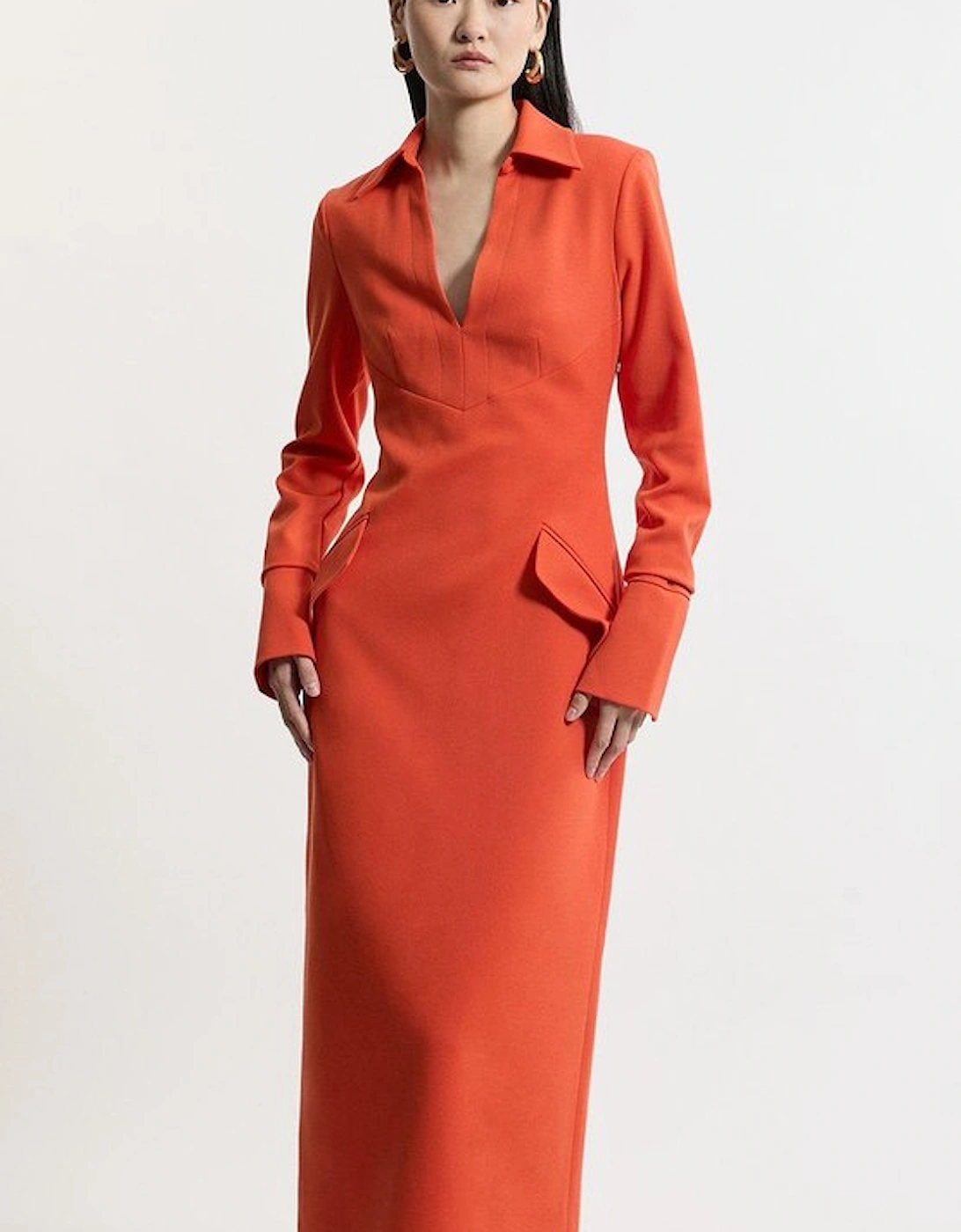 Structured Crepe Tailored Collared Pencil Maxi Dress, 5 of 4