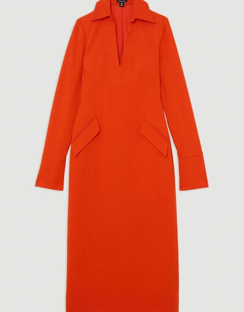 Structured Crepe Tailored Collared Pencil Maxi Dress