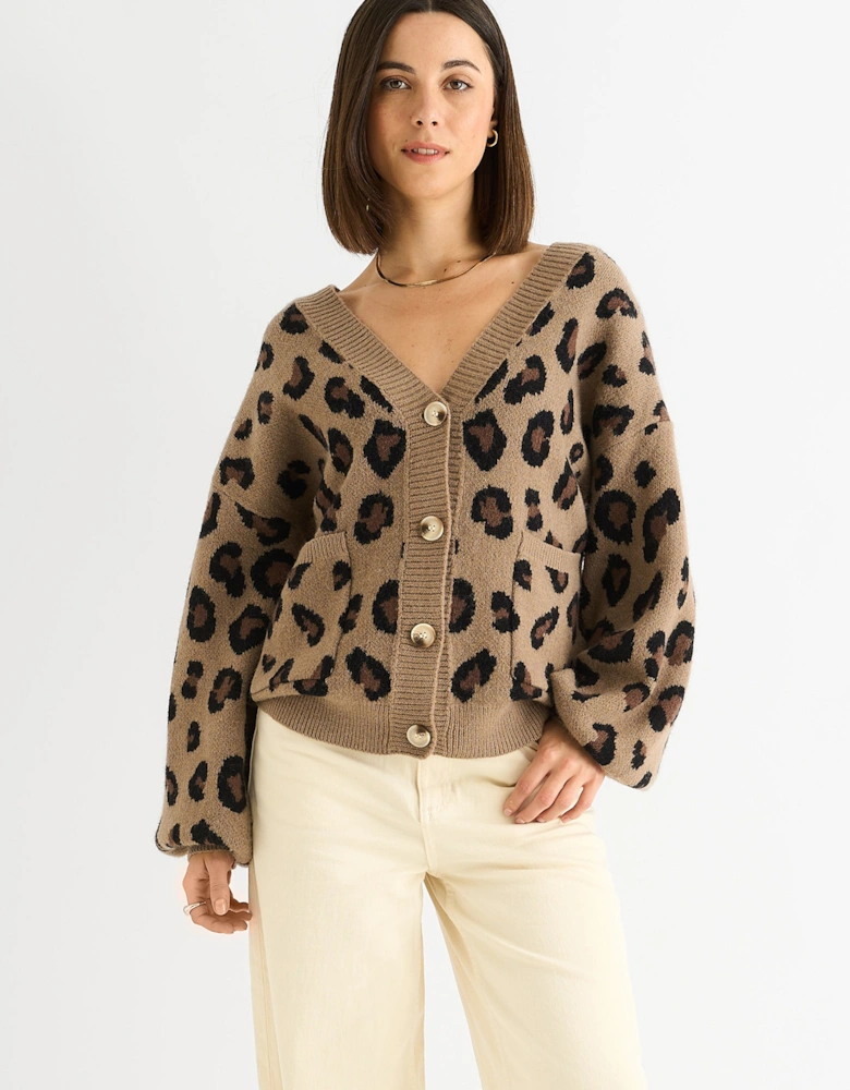 Camel Animal Print Knit Short Cardigan