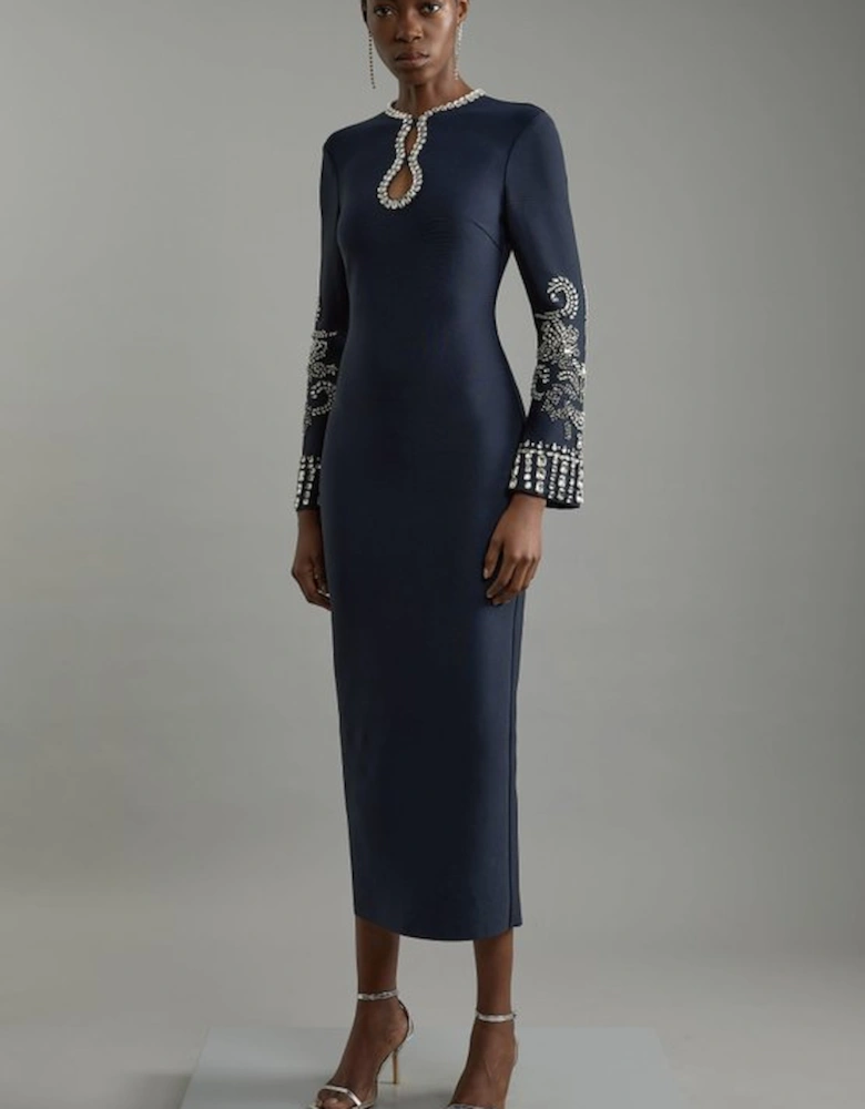 Tall Figure Form Bandage Knit Embellished Wide Sleeve Maxi Dress