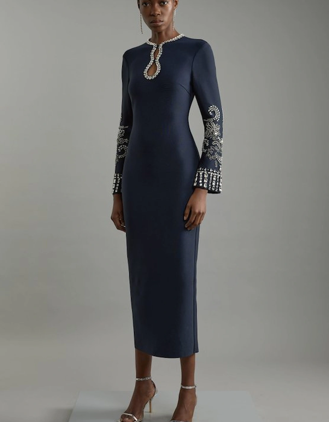 Tall Figure Form Bandage Knit Embellished Wide Sleeve Maxi Dress, 4 of 3
