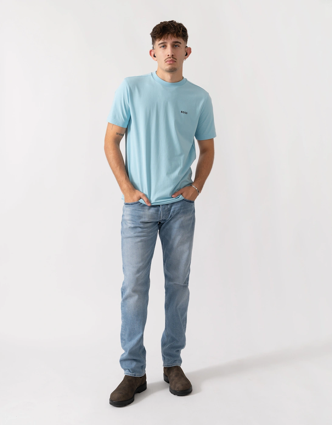 BOSS Green Tee Mens Stretch Cotton T-Shirt with Contrast Logo - Light/Pastel Blue 455
