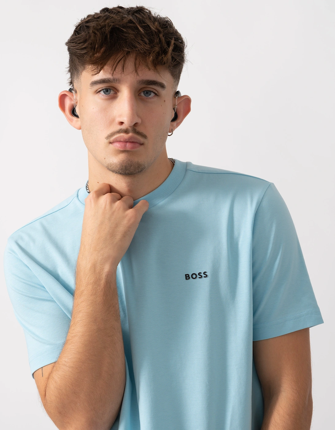 BOSS Green Tee Mens Stretch Cotton T-Shirt with Contrast Logo - Light/Pastel Blue 455