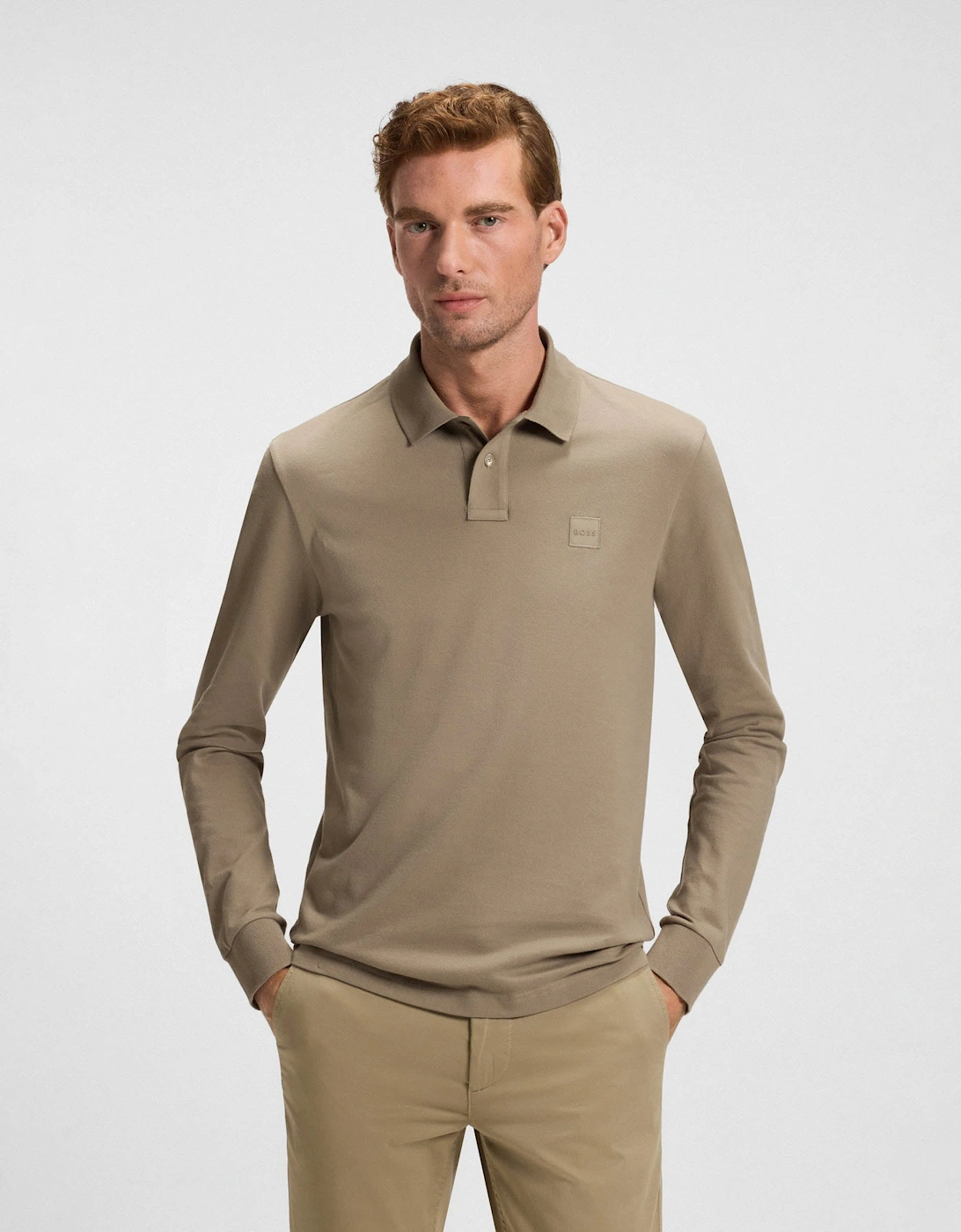 BOSS Orange Passerby Mens Long Sleeve Stretch-Cotton Polo Shirt with Logo Patch - Open Green 346, 5 of 4