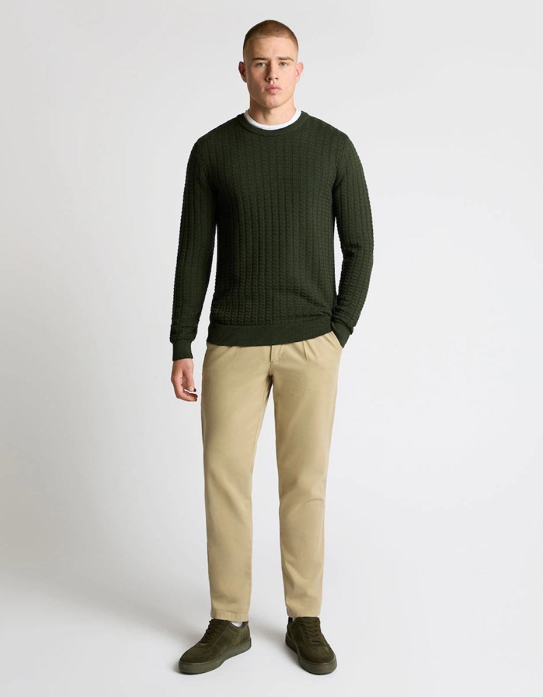 Crew Neck Waffle Knit 36 Green