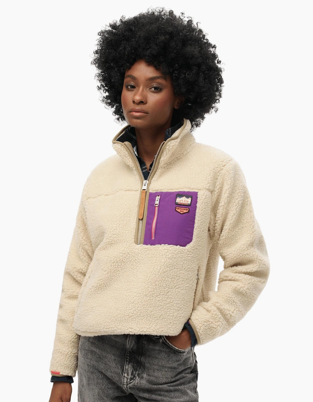 Women's Superdry Womens Vintage Retro Half Zip Fleece - Cream/Brown - Size: 12