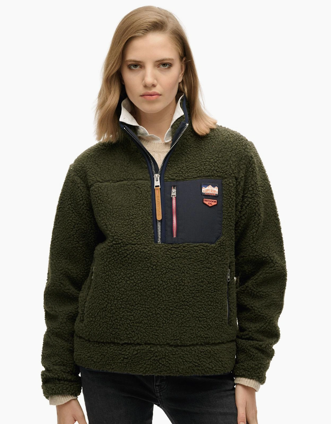 Superdry Women's Army Khaki Vintage Retro Half Zip Fleece - Size 12