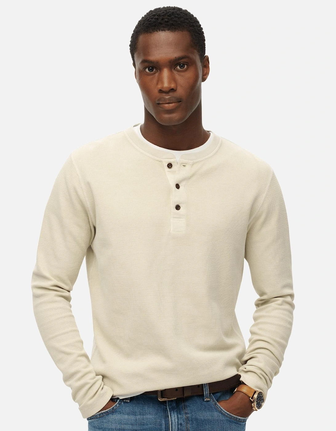 Mens Waffle Henley Long Sleeve T-Shirt, 2 of 1