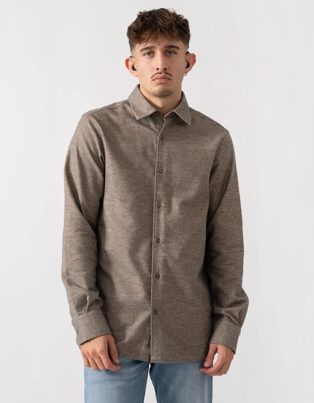 Men's Oliver Sweeney Barnham Mens Long Sleeve Cotton Twill Shirt - Mole - Brown - Size, 40/Regular