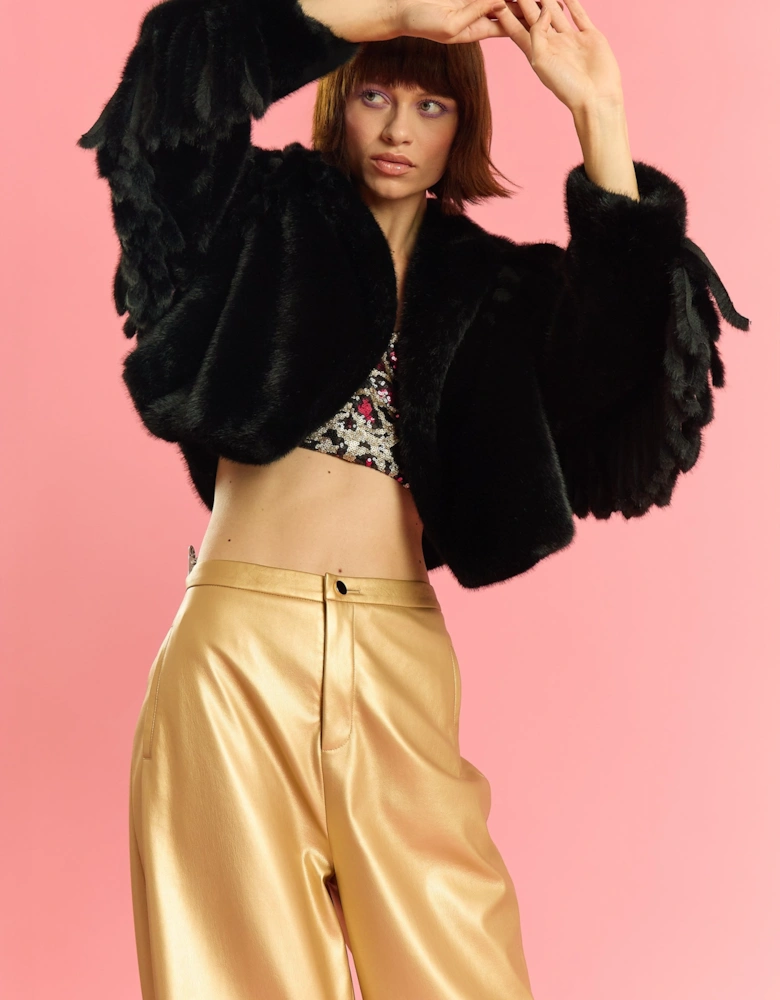 Black Hand Cut Tassels Bamboo Lyocell Blend Eco Faux Fur Cropped Jacket