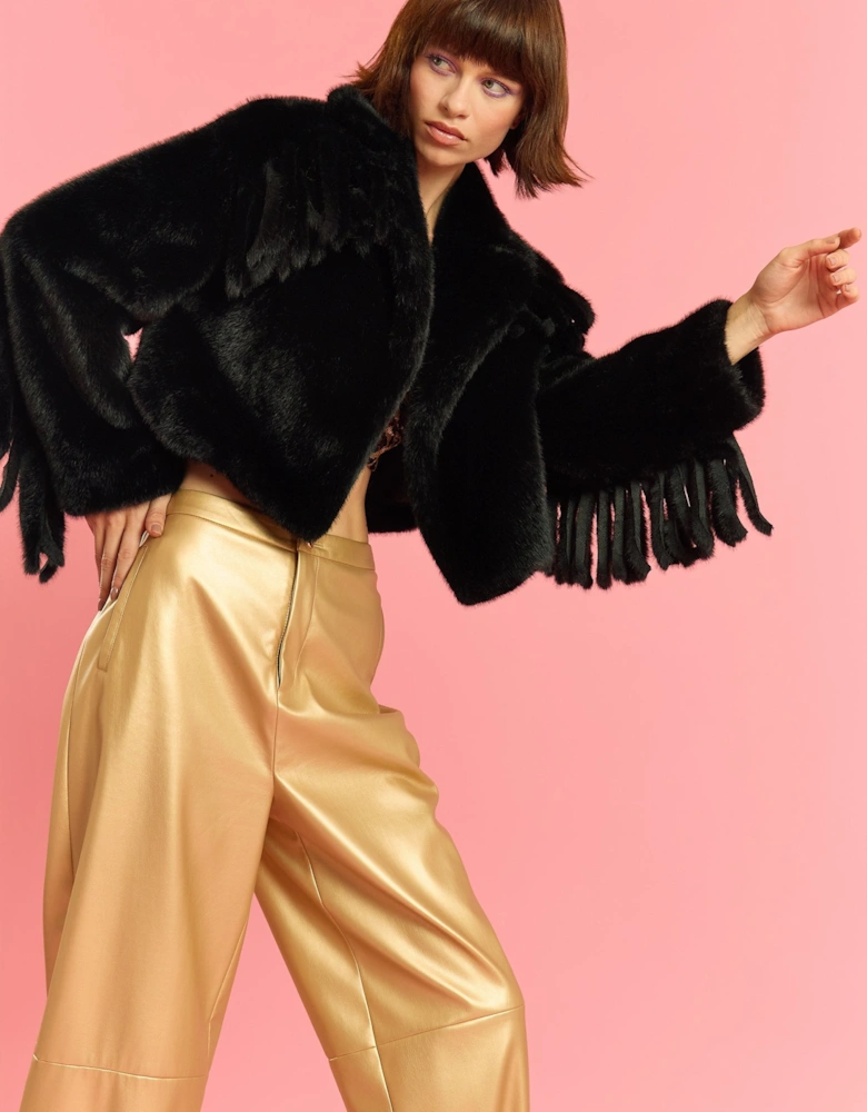 Black Hand Cut Tassels Bamboo Lyocell Blend Eco Faux Fur Cropped Jacket