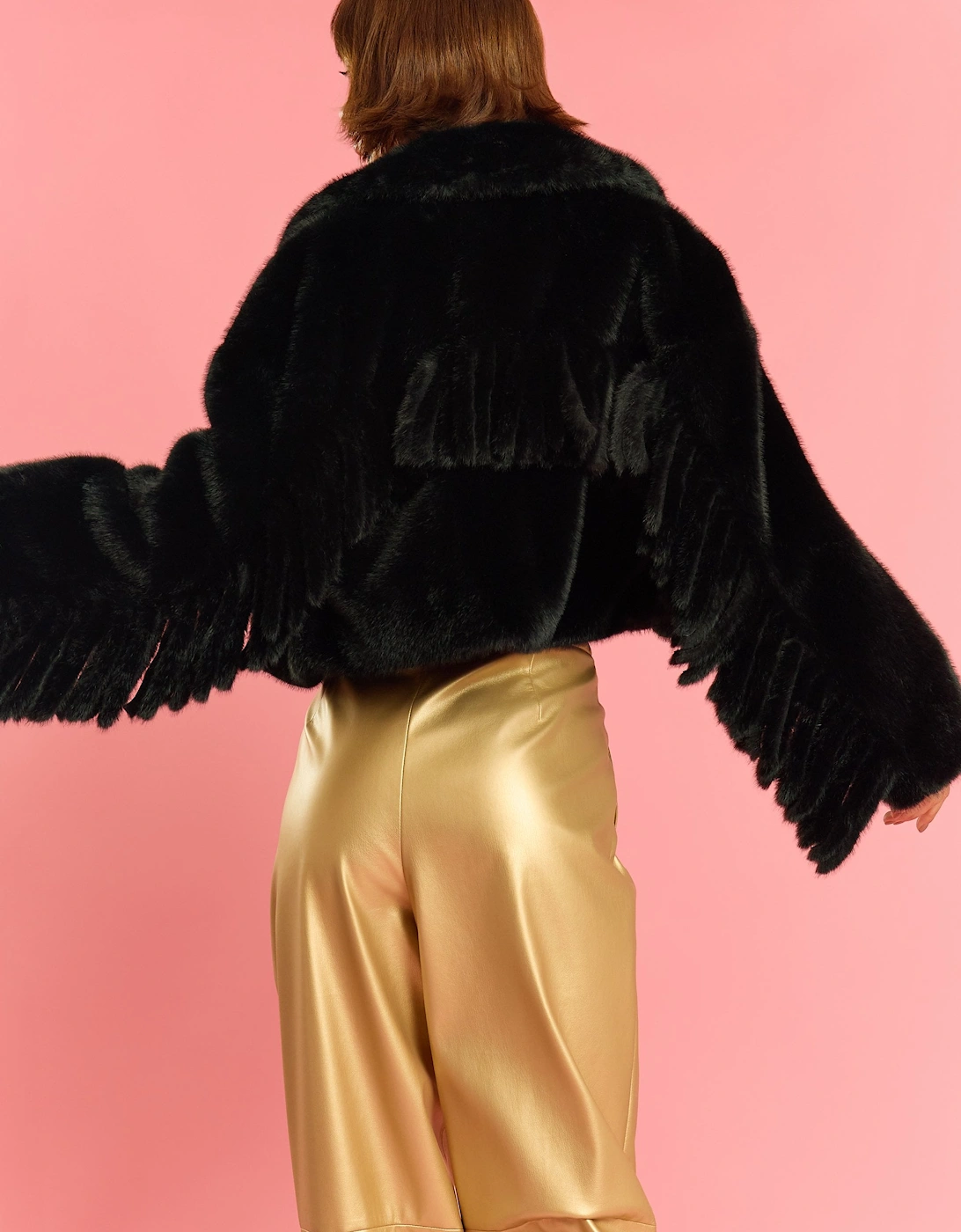 Black Hand Cut Tassels Bamboo Lyocell Blend Eco Faux Fur Cropped Jacket