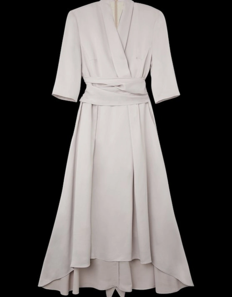 Satin Back Crepe Wrap Tie High Low Maxi Dress