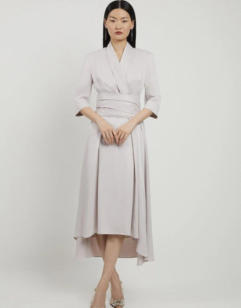 Satin Back Crepe Wrap Tie High Low Maxi Dress