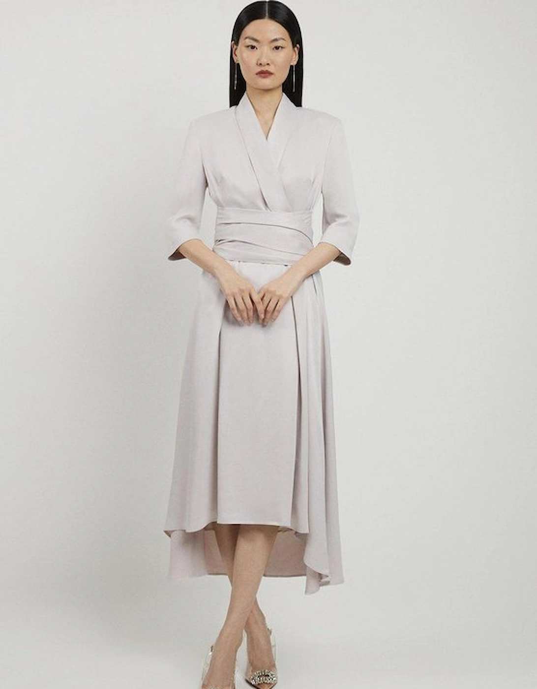 Satin Back Crepe Wrap Tie High Low Maxi Dress, 5 of 4