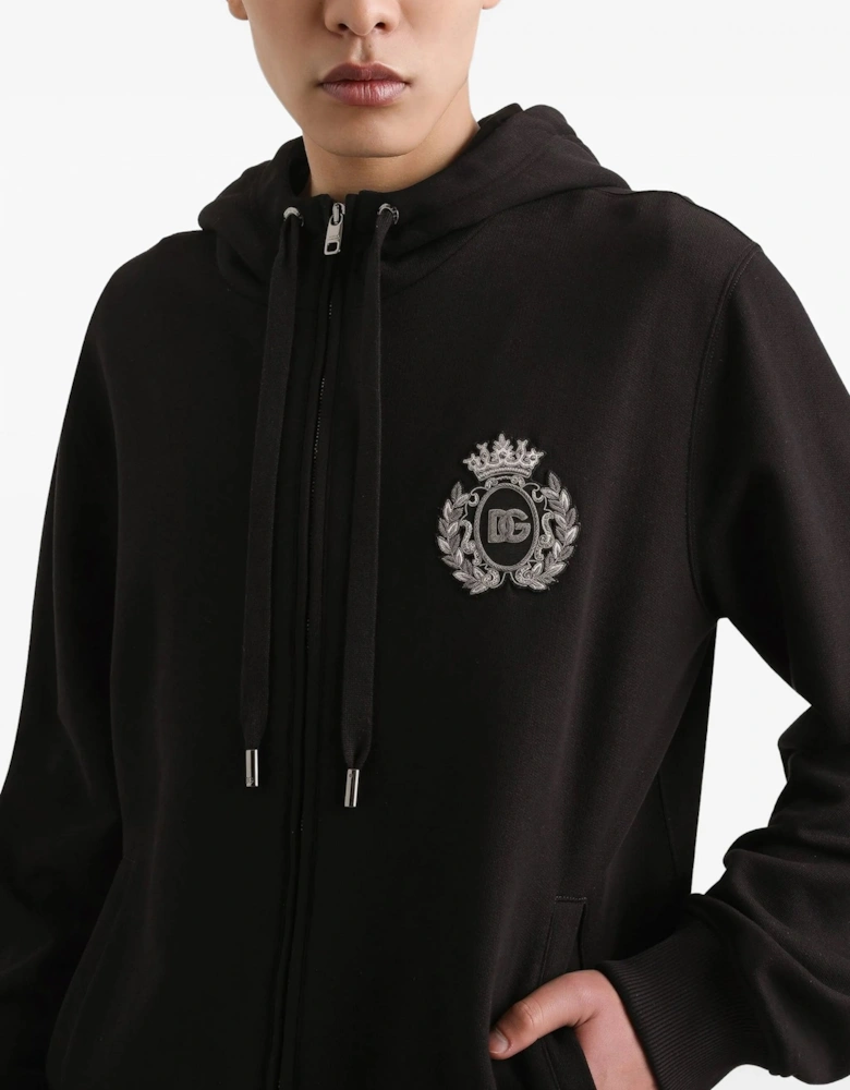 Embellished Logo Zip Hooded Top Black