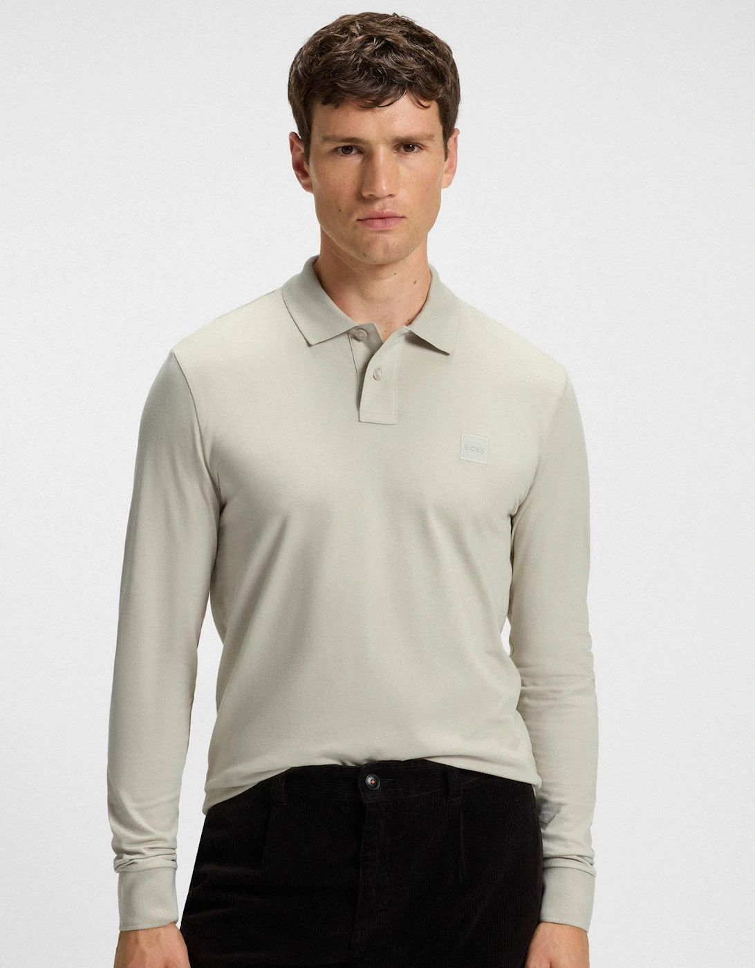 BOSS Orange Passerby Mens Long Sleeve Stretch-Cotton Polo Shirt with Logo Patch - Light Beige 271, 5 of 4