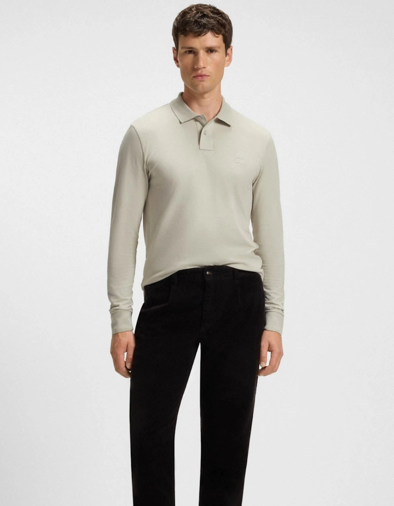 BOSS Orange Passerby Mens Long Sleeve Stretch-Cotton Polo Shirt with Logo Patch - Light Beige 271