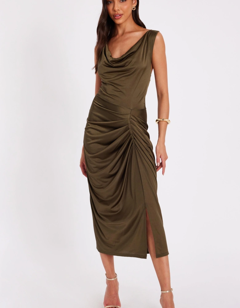 Khaki Cowl Neck Midi Dress