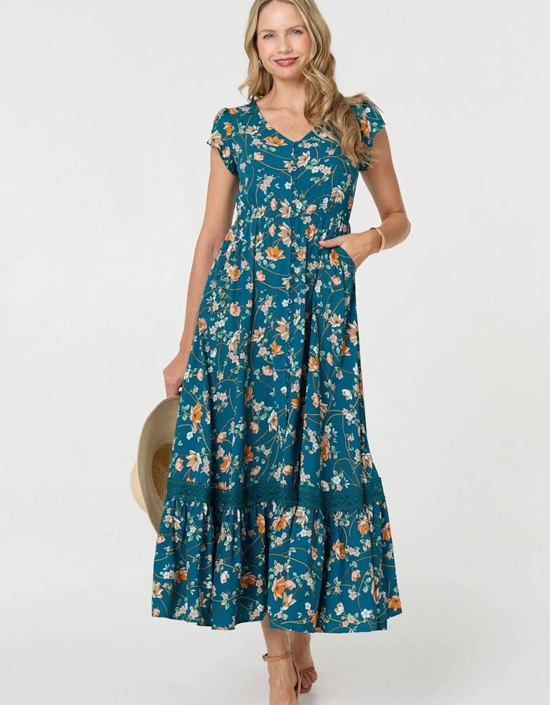 Floral Cap Sleeve Lace Trim Maxi Dress