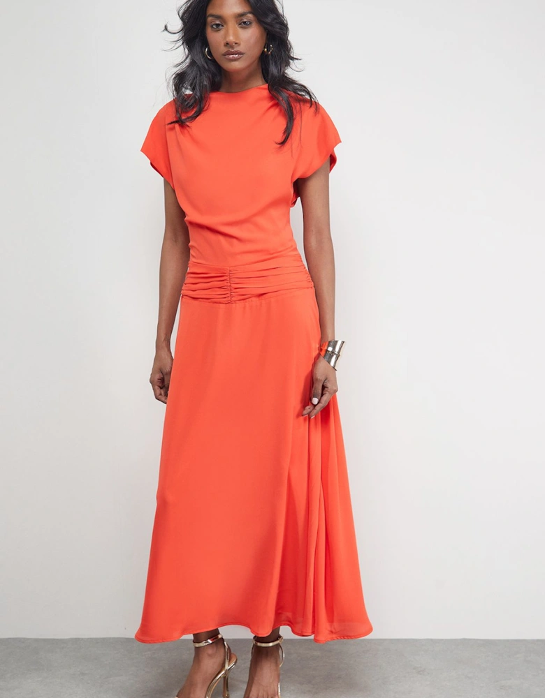Chiffon Grown On Sleeve Drop Waist Midi Dress
