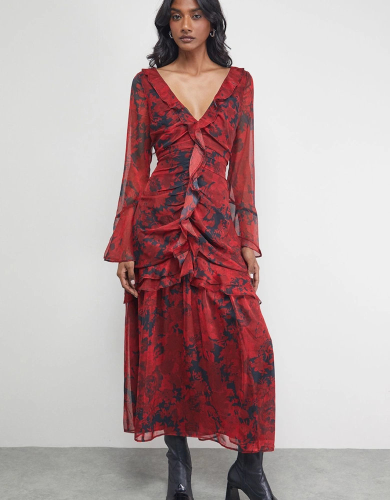 Chiffon Ruffle Gathered Bodice Midi Dress