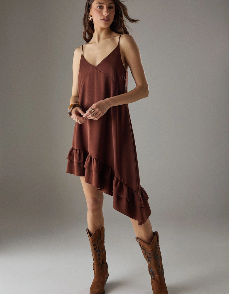 Satin Asymmetric Ruffle Mini Strappy Dress