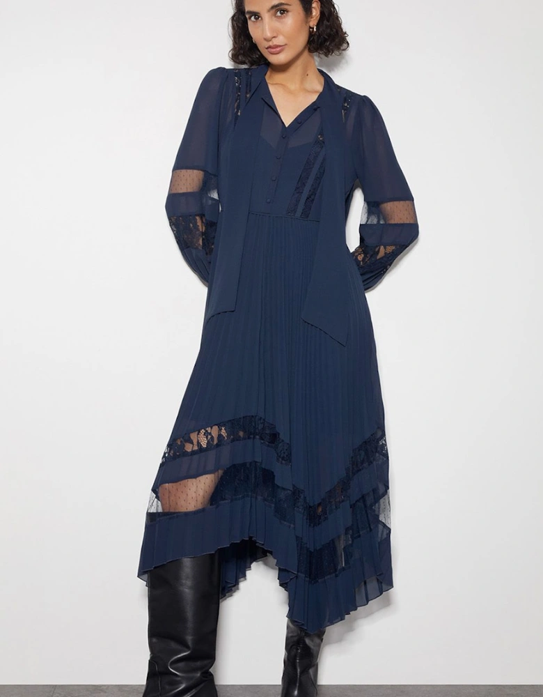 Florence Lace Insert Pleated Midi Dress Blue