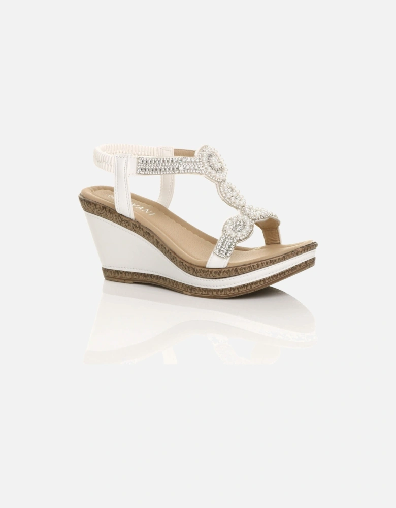 High Wedge Heel Diamante T-Bar Slingback  Sandals