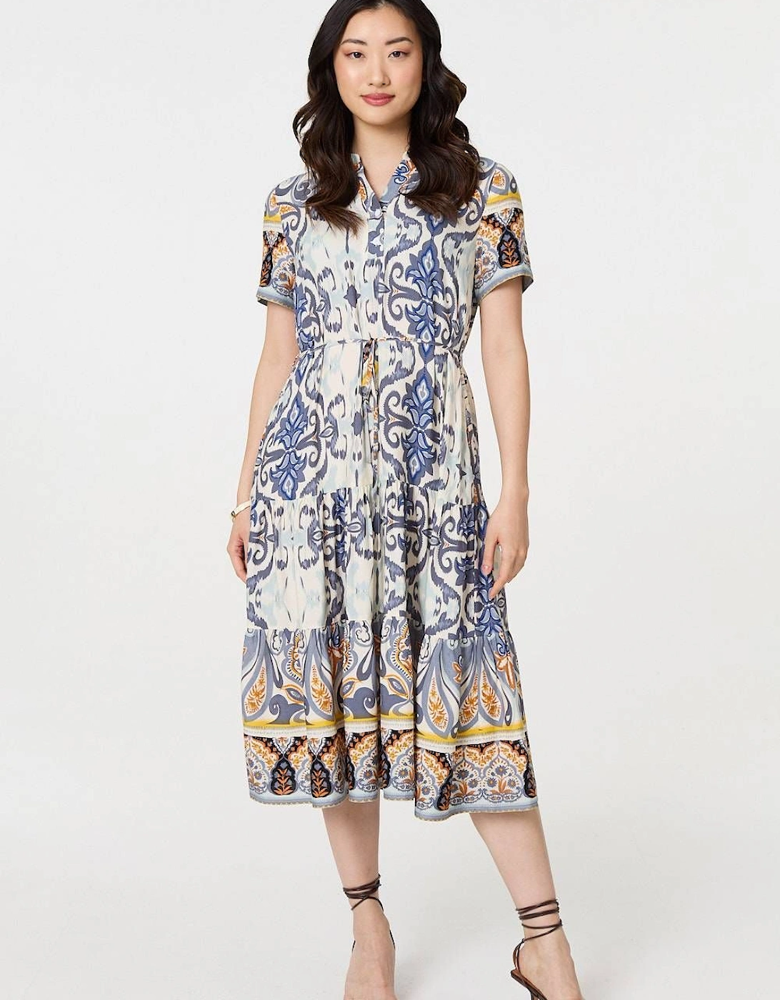 Printed Short Puff Sleeve Midi Dress, 2 of 1