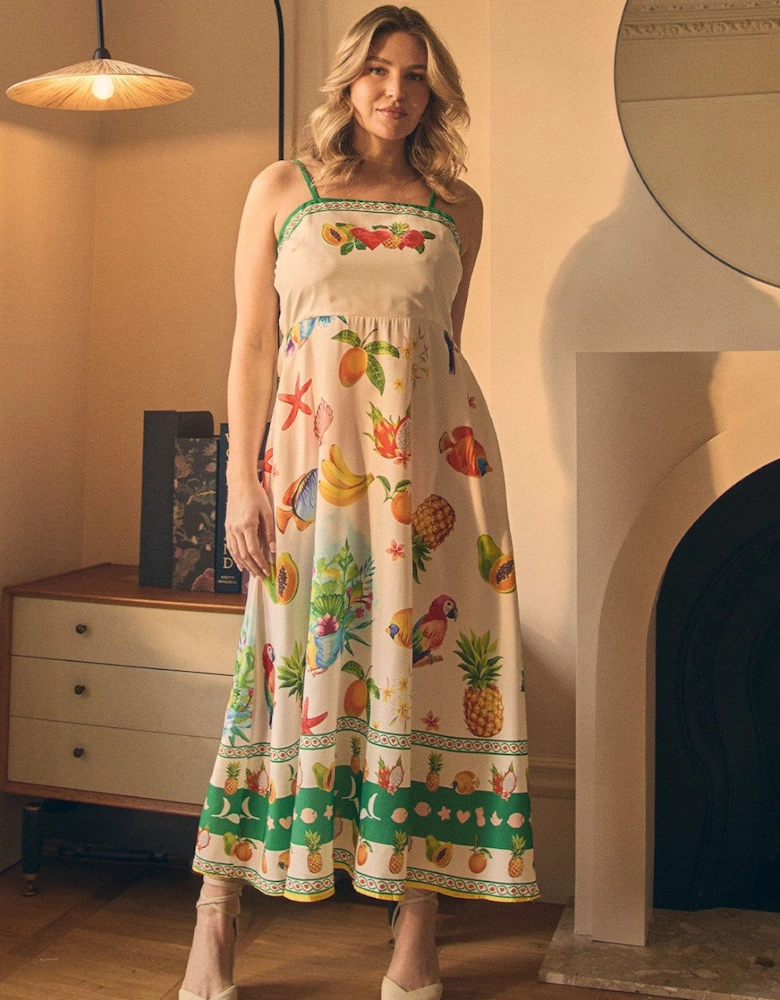 Border Print Cami Strap Midi Dress