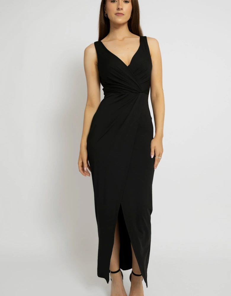 Chic Black V-Neck Front Slit Maxi Dress