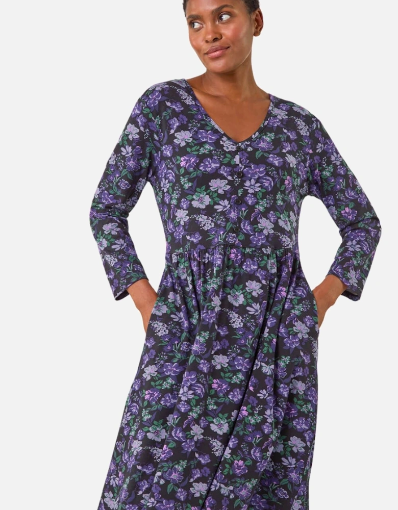 Floral Print Button Stretch V-Neck Dress